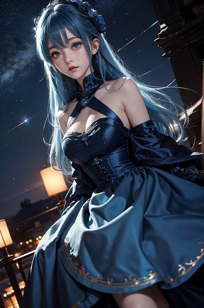 Ultra HD、A beautiful blue-haired character、Cute big eyes、Red burning cheeks、Night scene with starry sky background、Wearing a gorgeous dress、Subtle details、A fantastic atmosphere、Anime style