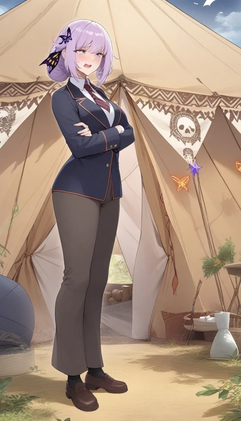 masterpiece, best quality, very aesthetic, absurdres, 1girl, mature_lady, full body, ,tearing up,Lilac hairhair ornament / (x / star / heart / butterfly / crescent / leaf / skull / carrot / bat ) ,British Blazer Uniform: Often includes a blazer, shirt, tie, and trousers.,Nomadic Tent Structures (Various Nomadic Cultures) - Portable and temporary structures used by nomadic communities, such as yurts, tents, and teepees.,floating_clothes