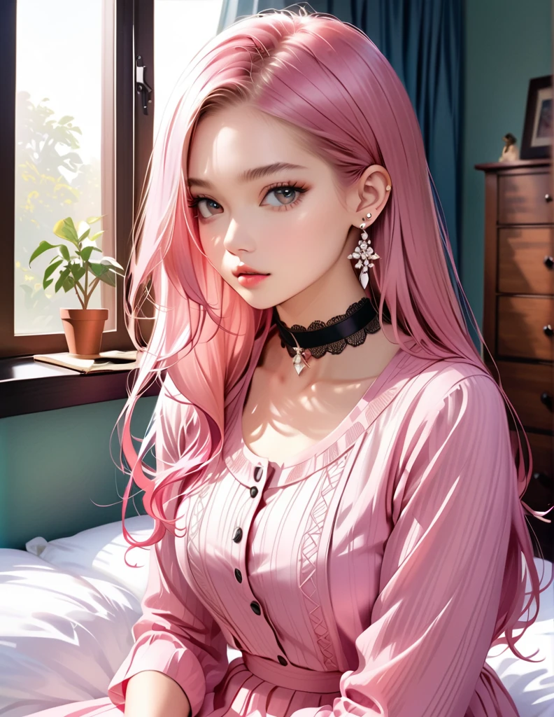 1 girl, fair_skin, ((white long straight hair)), large ass, wearing a cute pink dress with patterns, full lips, pretty long eyelashes, pretty eyebrows, soft looking skin, wearing one black velvet choker around her neck, realistic bedroom, masterpiece, wearing white diamond earrings, sitting on bed, looking at viewer, (blue eyes)