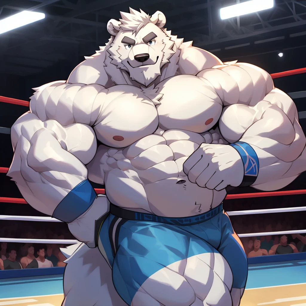 solo, 1boy, Huge Muscular White Polar Bear wearing glasses, huge white fur, pectoral, huge pectoral, wide pectoral, short white hair, blue colored short pants, blue colored wristbands and shirtless and topless, white bearded, white Mustache, white fur, black eyebrows, gym fitness center background, masterpiece, high detailed, 8k, high resolution, at the gym, wrestling, all hunk of muscle