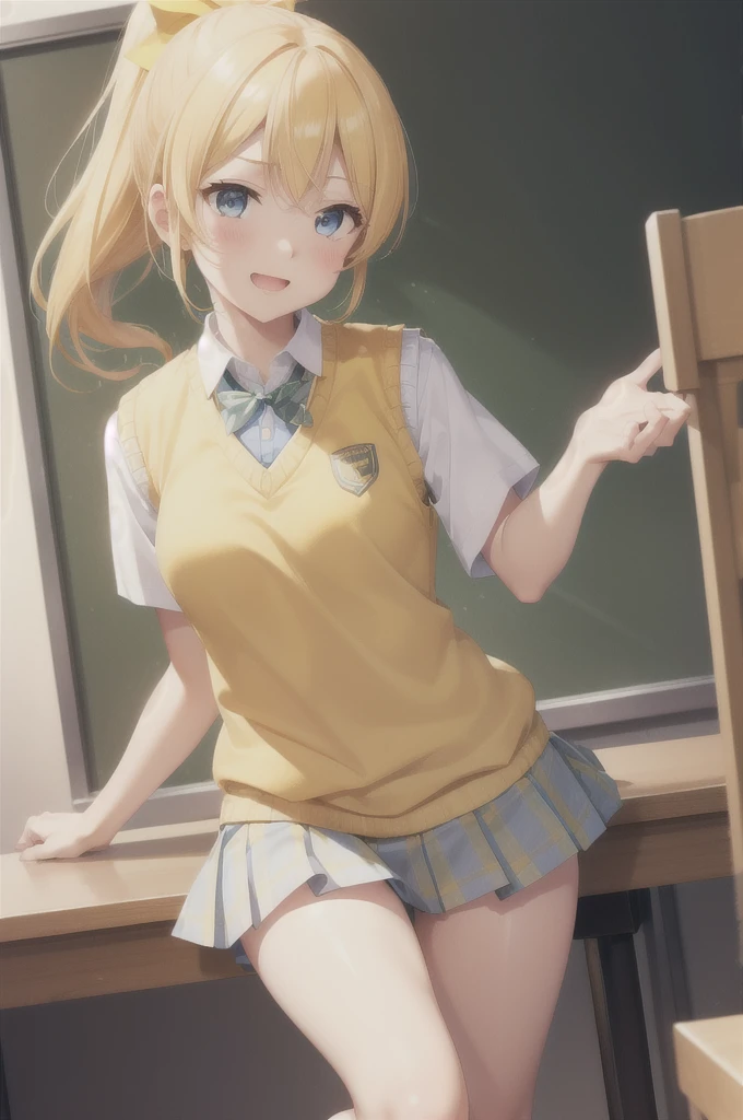 Eri Aase, catalyst, Yellow Hair, blue eyes, ponytail, Hair Ribbon, break otonokizaka , pleated skirt, Green Ribbon Tie, Short sleeve, skirt, Summer clothes, Sweater vest, (yellow Sweater vest:1.5), break looking at viewer, break indoors, classroom, break (masterpiece:1.2), Highest quality, High resolution, unity 8k wallpaper, (figure:0.8), (Beautiful attention to detail:1.6), (Perfect hands, Perfect Anatomy), unity 8k wallpaper, (figure:0.8), (Beautiful attention to detail:1.6), Highly detailed face, Perfect lighting, Highly detailed CG, (Perfect hands, Perfect Anatomy), , (3D Face:1.1), (Shiny skin:1.5), (超High resolution intricate face details), (Facial skin pores:1.3), 超High resolution cloth texture, Big smile、Blushing、Open your mouth, Showing off her perfect legs