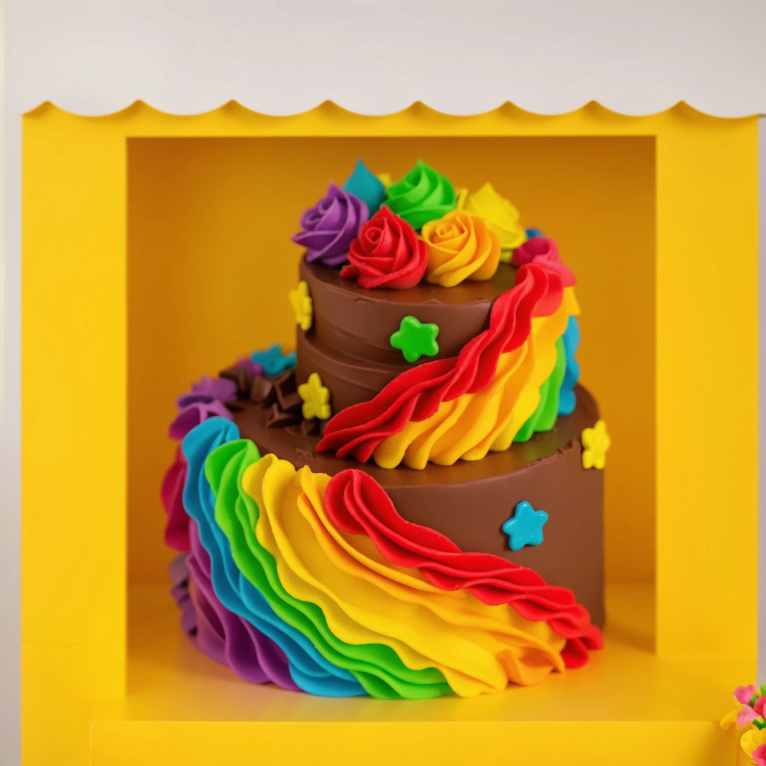 worth a toy plastic yellow store, inside the store chocolate cake with rainbow cream. there is a plastic banner next to it, next to it is a vase of flowers, next to the wall hangs a wooden shelf with carvings on which lie bright sweets, bakery shop scene with torti inside, Beautiful light from the window, contour light, Multiple light sources, beautiful lighting, Bright light source, bright lighting, beautiful light sources, Multiple light sources, Realistic style , realistic texture, detailed texture, A high resolution, high quality, realistic photo, ultra hd 4k,