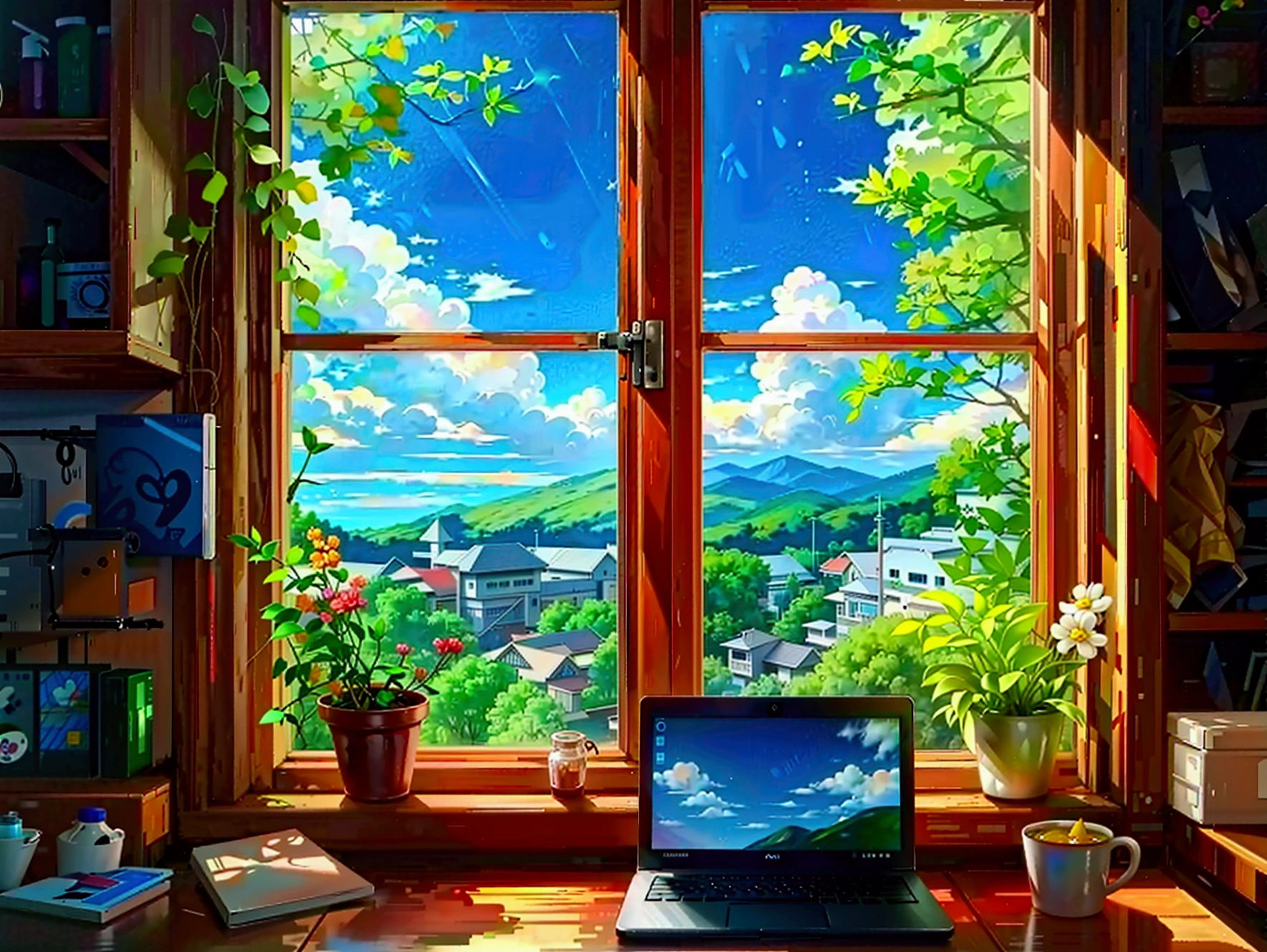 Window seat、Girl looking at laptop on table、Outside the window is a view of early summer、Summer resort、
