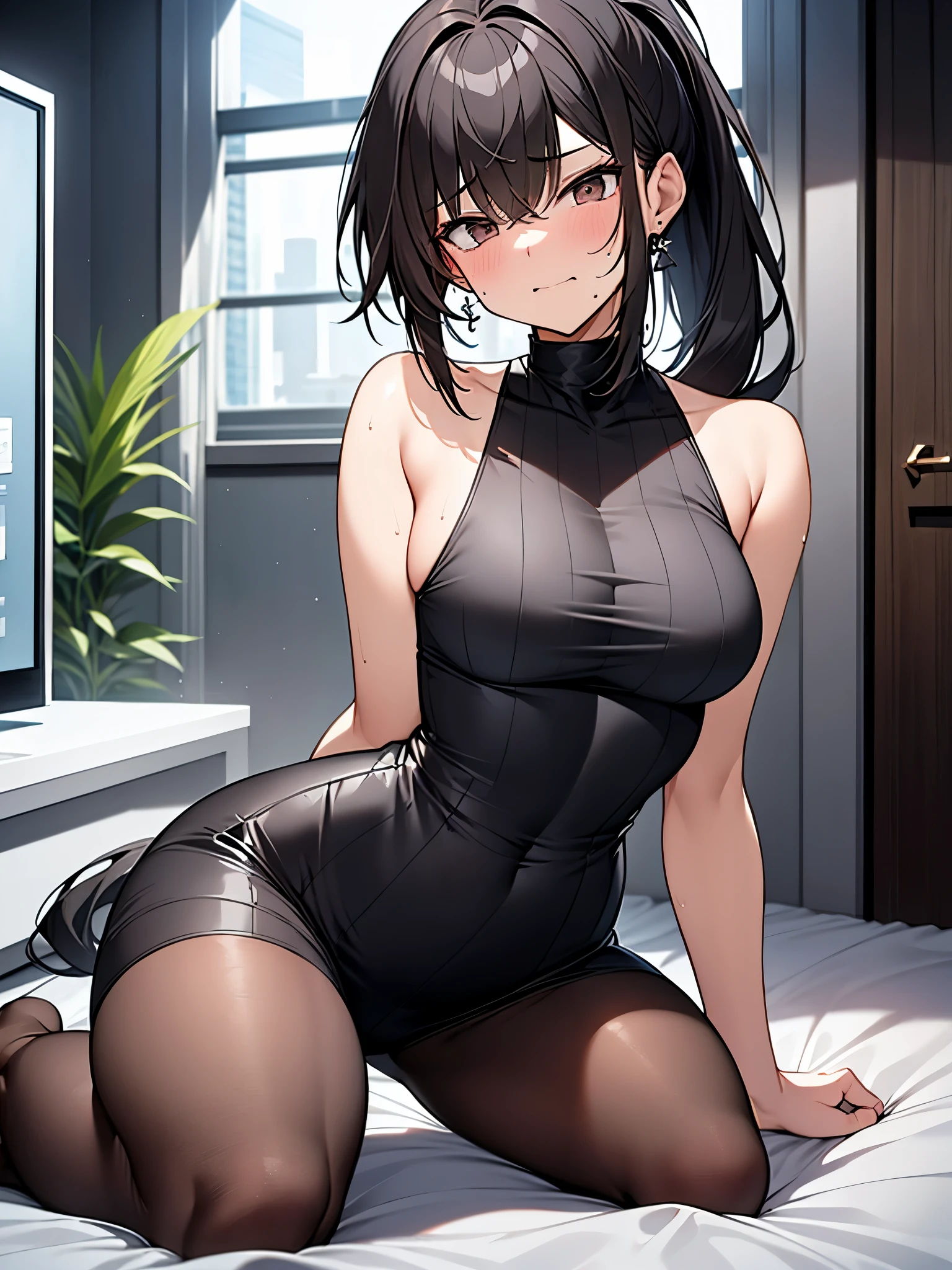 NSFW:3.6 Full Body View、Black sleeveless vertical striped shirt:1.3 1 female 1 male、Cowgirl sex with a slim muscular man:1.3. Excitement, sweating, flushing), (Night, dark room, apartment room, lying on a white bed, troubled face, crying face)、 (Black hair, medium length, ponytail, straight hair, bangs swept to the side:1.9 Slanted eyes Brown eyes Tall Big breasts Strong Beautiful Cute) 、