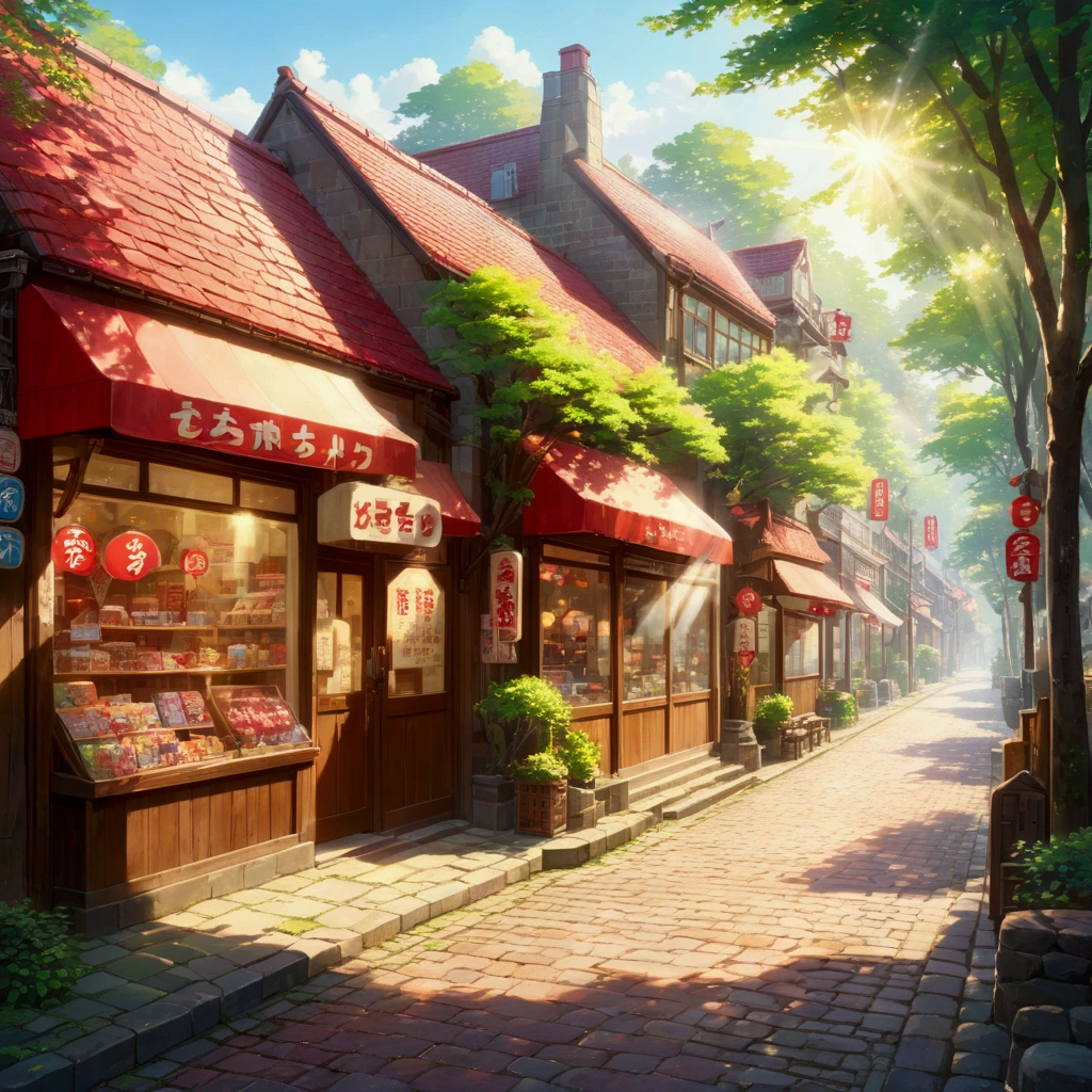 Morning haze, A nostalgic shopping street, Cobblestones, Sunlight filtering through the trees, Wooden buildings, Red roof, Faded signboard, 「Candy」Character, goodwill, Glass door, Warm light leaking from inside the store, Radio exercise sound, Birds chirping, Calm, Excitement, Nostalgic, Ghibli