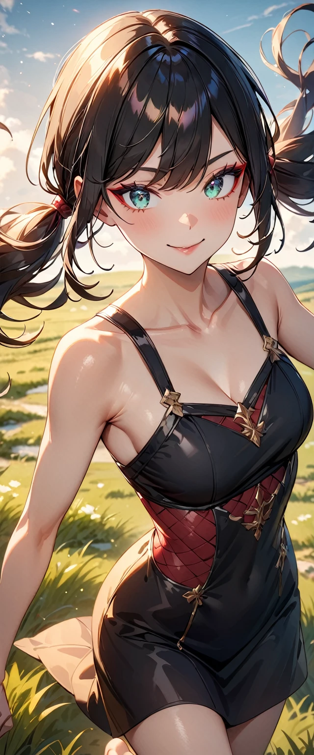 Photo of a woman with natural skin, grassland, Upper Body, Dynamic pose, Smiling, High Twintails, Black hair with red mesh, Sharp eyes with red eyeshadow, Blue-green eyes, Shining eyes, A thin, upturned nose, Well-shaped lips, ((Black off-the-shoulder dress, Thin shoulder straps)), barefoot, Makeup, Exquisitely crafted with the utmost attention to detail, Vibrant, amazing, Smooth, Cinematic, 4K, Backlight, ((綺麗な星空が見える広いgrassland)), Shallow depth of field, ((Detailed eyes:1.3, Detailed lips:1.3, high quality, )), masterpiece, Super detailed images, High quality