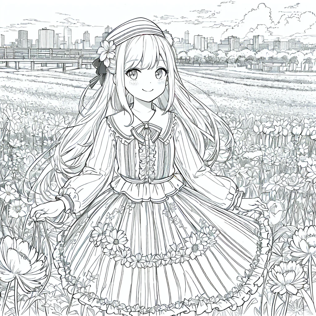 Raw work, Better Quality, Happy Barbie 1 piece, only, Long Hair, View the viewer, With a smile, stripe, skirt, shirt, Long sleeve, hat, wear, bow, Participation, Shut your mouth, flower, Frills, flower do cabelo, flowerびら, flower束, 固定flower, Central steering wheel, Food, flower固定ブーケ, Field, flower, city, Line art, Monochrome,