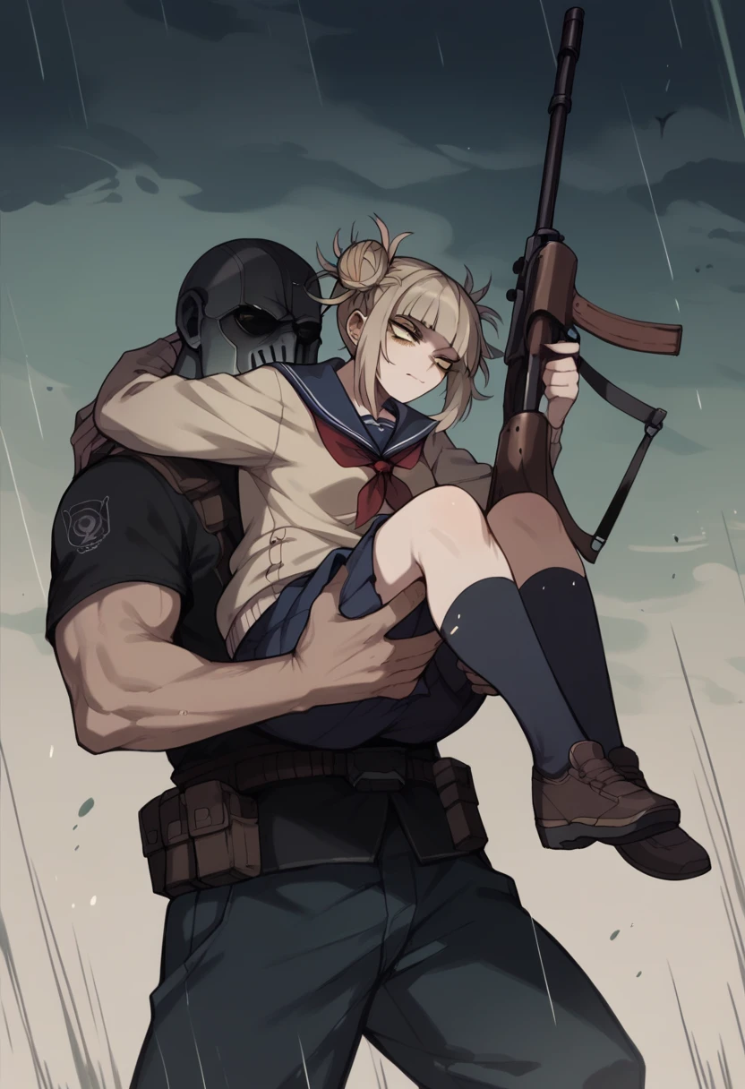 Himiko toga in a war zone while carrying a large high caliber sniper (whole body)