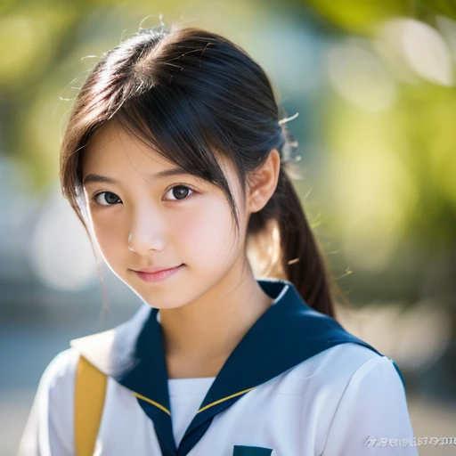 lens: 135mm f1.8,(Highest quality),(Tabletop:1.1), (Beautiful 14 year old Japanese girl), (Moist lips), Narrow eyes, double eyelid,Delicate clavicle,Flat Chest,Shortcuts, shame, A faint smile,
(Bright lighting without shadows:1.2), Dramatic lighting,
(School Uniform), (Sunburned skin:0.2),Full body photo、Full Body Focus、Raise your hands