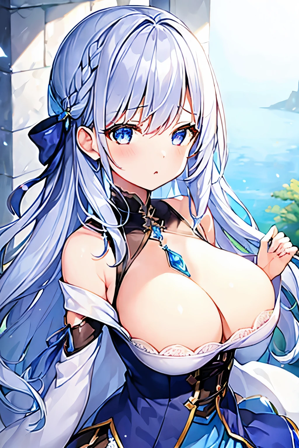 1 girl、Silver Hair、Fantasy style clothing、Side lace、mini skirt、Blue and black decor、Bigger breasts、barefoot、Chest open、Shoulder Bare、Upper body only、Ice crystals