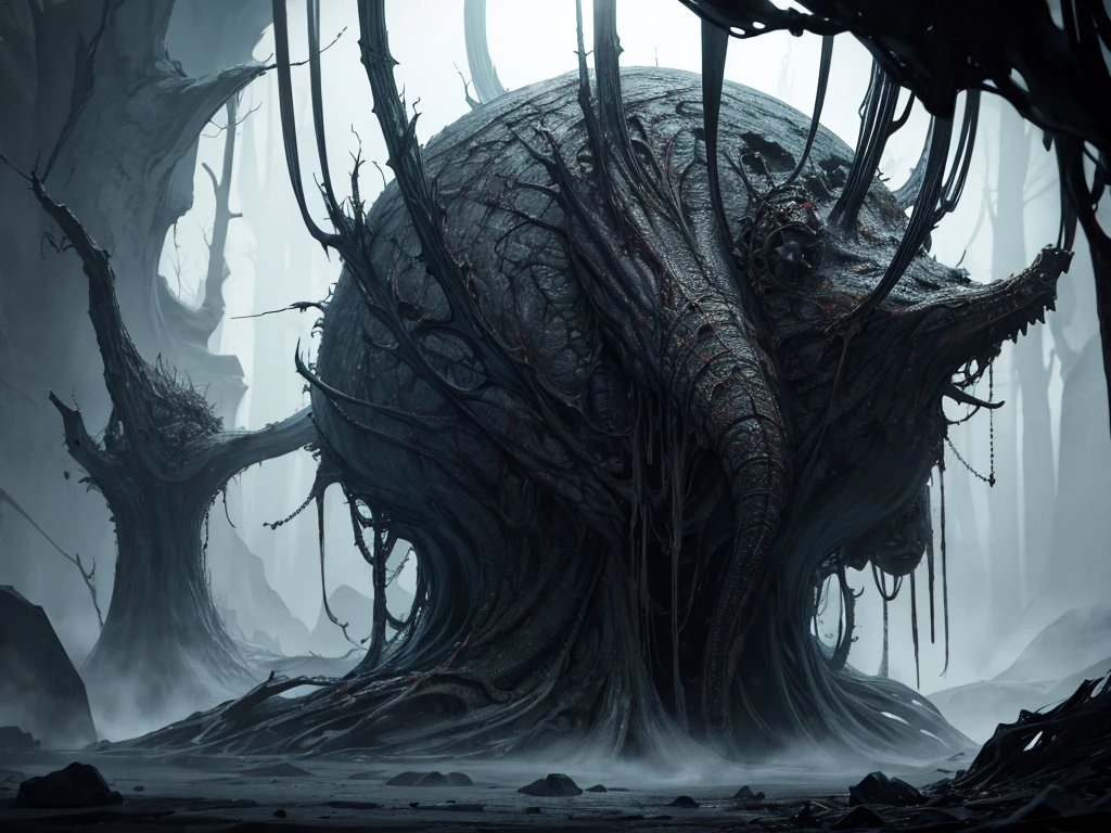 Transform nuts into eerie, horror-themed entities within a nightmarish scene. Utilize dark, atmospheric elements and fractal patterns inspired by the unsettling work of H.R. Giger.