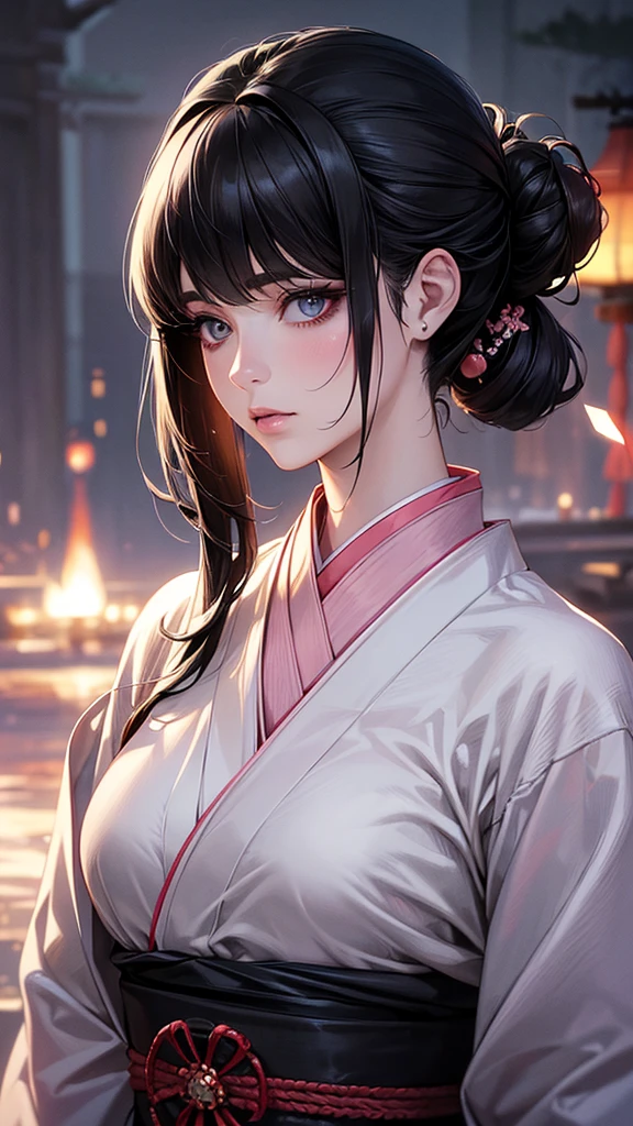 Highest quality, Ultra-high resolution, (Realistic: 1.4), beautiful Eyes, Super beautiful女性,30 years old、 beautiful, magician, Japanese clothing、((Black Hair、Updo Hair)),White and pink tones、inflammation、beautiful Soldier, Eyes that beckon, Mistress&#39;s point of view, Droopy eyes、Attractive look, Sexy smile, Perfect Style, Perfect balance、Large Breasts、 Detailed skin, Mischievous Gaze,beautiful背景