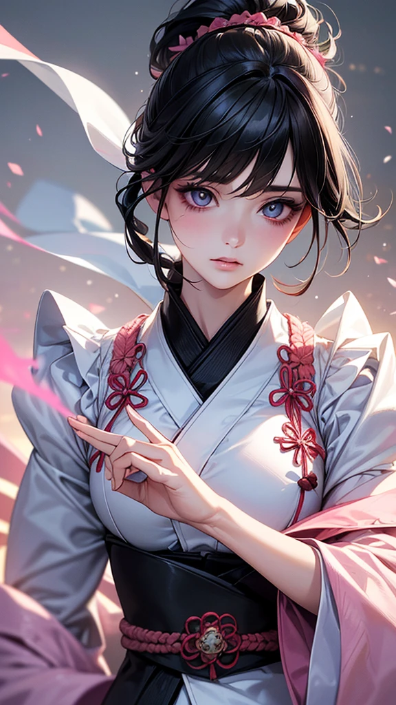Highest quality, Ultra-high resolution, (Realistic: 1.4), beautiful Eyes, Super beautiful女性,30 years old、 beautiful, magician, Japanese clothing、((Black Hair、Updo Hair)),White and pink tones、inflammation、beautiful Soldier, Eyes that beckon, Mistress&#39;s point of view, Droopy eyes、Attractive look, Sexy smile, Perfect Style, Perfect balance、Large Breasts、 Detailed skin, Mischievous Gaze,beautiful背景