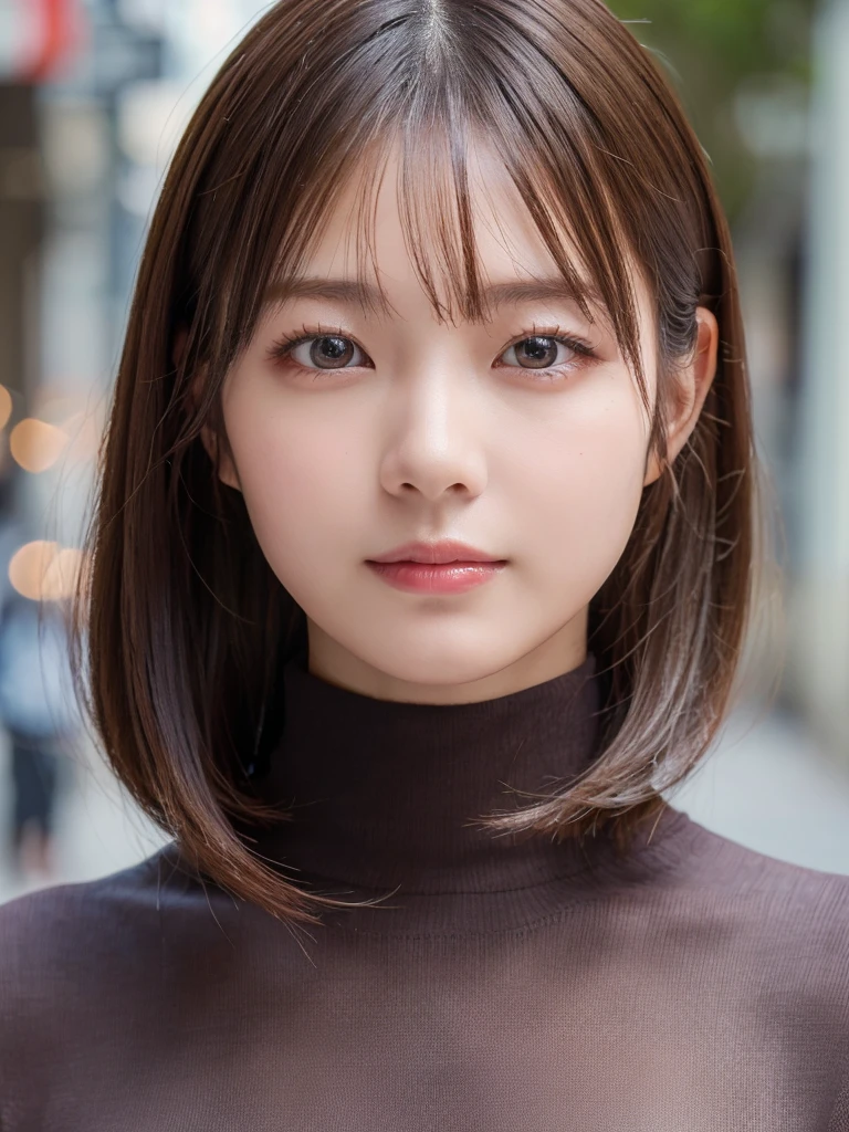 ((Highest quality, In 8K, masterpiece:1.3)), Beautiful Japanese Women, Perfect body:1.4, Slim Abs:1.2, ((Medium Hair, Straight Hair:1.2)), (turtleneck:1.1), (Street:1.2), Wet body:1.5, Three-dimensional texture, Detailed eyes, Brown Hair, Very shiny hair, Backward view