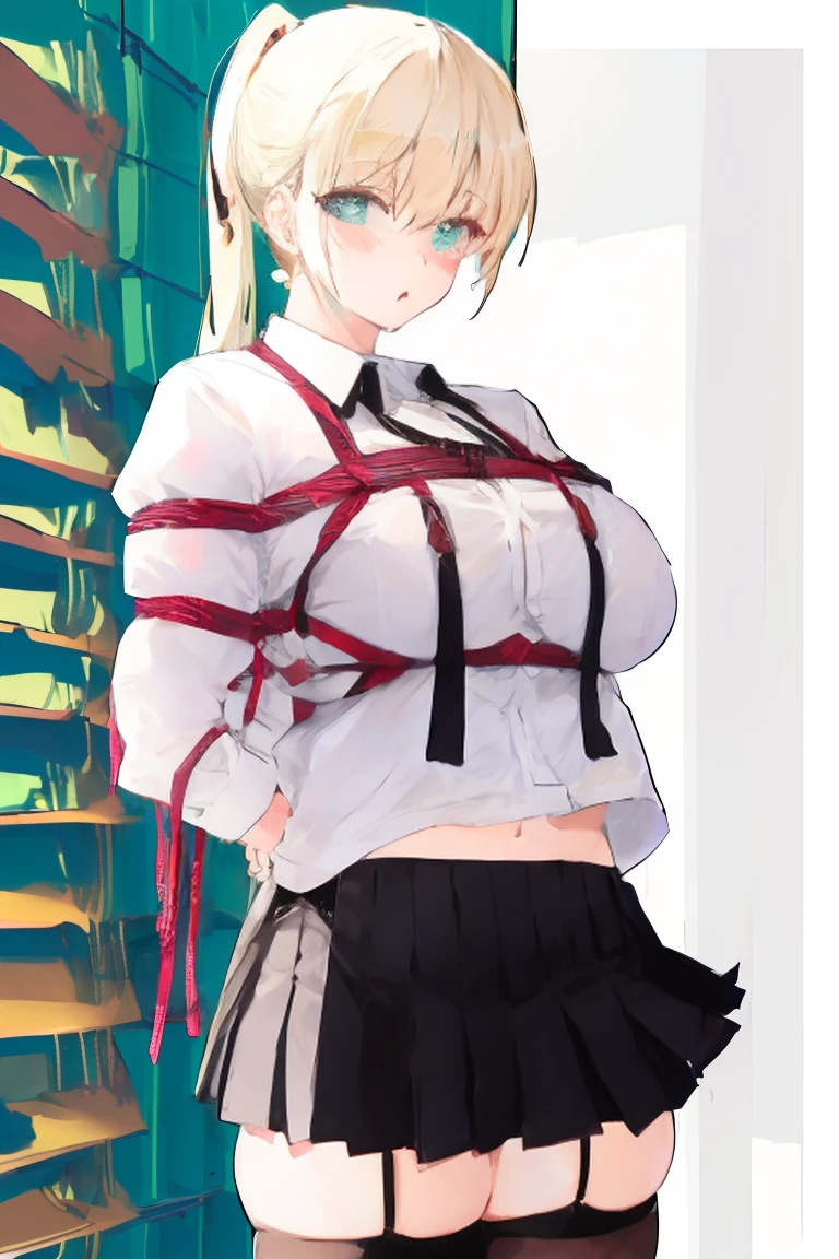 woman, ((Masterpiece, best quality)), girl,1girl, (medium breasts),((excited face)),((hyper detailed perfect eyes)),((huge blond ponytail)),intricate eyes,beautiful detailed eyes,symmetrical eyes,(spider lower abdomen,narrow waist,wide hip,athletic body,inflated legs,thick thighs),(detailed face),beautiful detailed lips, (((college girl, college))),((school girl outfit, school girl)),((skirt,black skirt,cleavage,frilled skirt,micro,skirt frills)),((white shirt,skinny shirt,thighhighs,white thighhighs )), ((silky material)) (cute pose:1.0),(((full body:1.5,front view:1.3))), highly detailed, cinematic lighting, ultra realistic, blush, looking at viewer, ((takatekote))