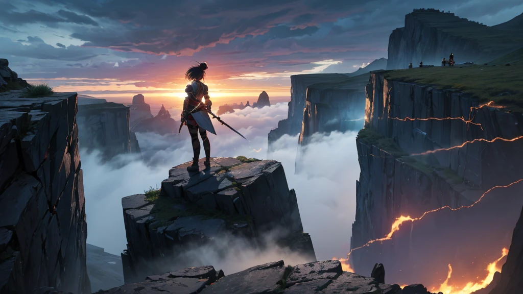 An anime warrior standing at the edge of a cliff, staring into a vast abyss. The scene is set at dawn, with the first light of morning breaking through the mist. The warrior, a determined anime girl, has a fierce expression, her battle-worn armor and the scars on her body symbolizing her struggles and battles fought. Behind her, echoes of past battles are faintly visible as ghostly silhouettes. She holds a sword firmly, symbolizing her resolve to fight on. The background features a rugged, rocky landscape with hints of a dark, stormy past giving way to a brighter horizon. The atmosphere is filled with a sense of defiance, strength, and hope, capturing her readiness to rise above her struggles and fight for a higher purpose. The lighting emphasizes her as the focal point, with a dramatic contrast between the darkness of the abyss and the emerging light of dawn, symbolizing hope and redemption.