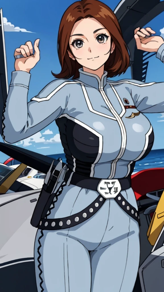 masterpiece, best quality, solo,1girl,looking at viewer,, cowboy shot,sea,anime style,
 anne、Ultra Guard Interior、Fighter Aircraft Background、The bust is large