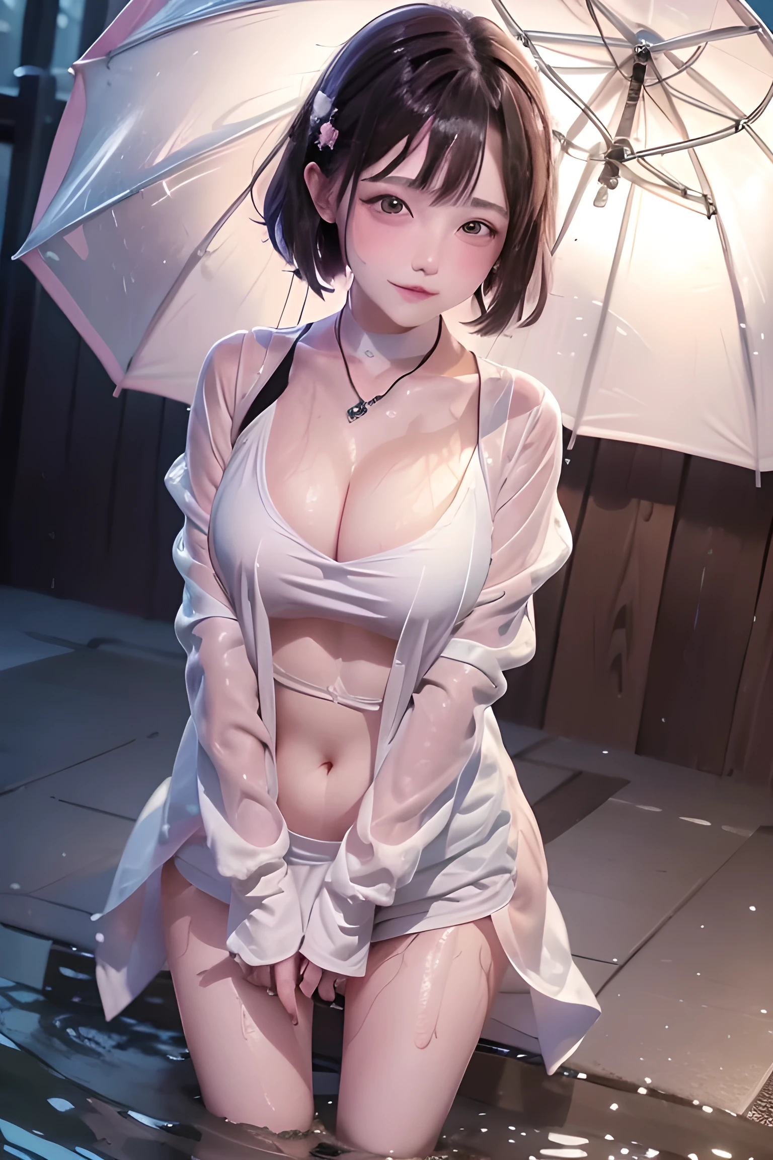 (masterpiece、Highest quality、Detailed Details)、One Girl、Wet with rain、The clothes are see-through、Wearing a white shirt、holding an umbrella、Kyoto at Night、A sad-faced smiley、Detailed hands、Detailed fingers