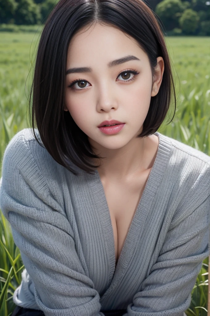 Pause,Plump body,Cute face,Beautiful Face,double eyelid,Naughty look,short hair,Black Hair,Iris,From below,evening,Field,mysterious,high quality,Realistic,Japanese,Beautiful woman,boyish,gravure,fashionable,Fashion Model