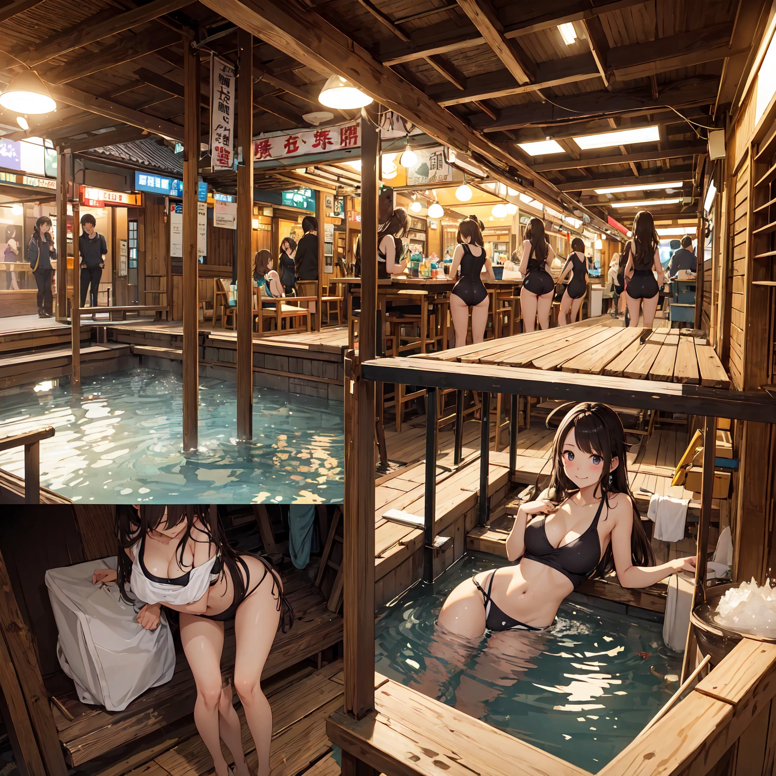 (masterpiece、Highest quality)、(Photorealistic photography)、1 picture、(Japan's dimly lit underground mall)、Japan favelas、Detailed and cute face、Poor conditions、((Underground hot spring facilities))、shaved ice、Sale of drinks、Unsanitary and dim、stage、((Big bath))、(Taking a bath)、Shady Red Light District、,(Girls in two or more swimsuits)、(Prostitute)、へにょへにょしたsmile、Happy schoolchildren、Perfect Anatomy、Camel Toe、Tank top、Panties、smile
