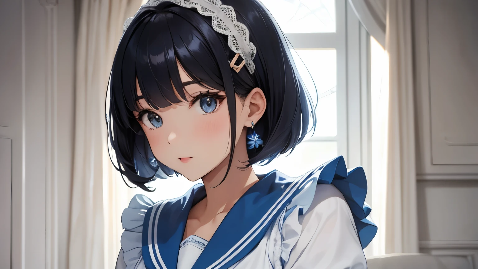 A beautiful woman wearing a light blue sailor suit with lots of frills and lace Long sleeve Black bob with hair ornament Upper Body lipstick