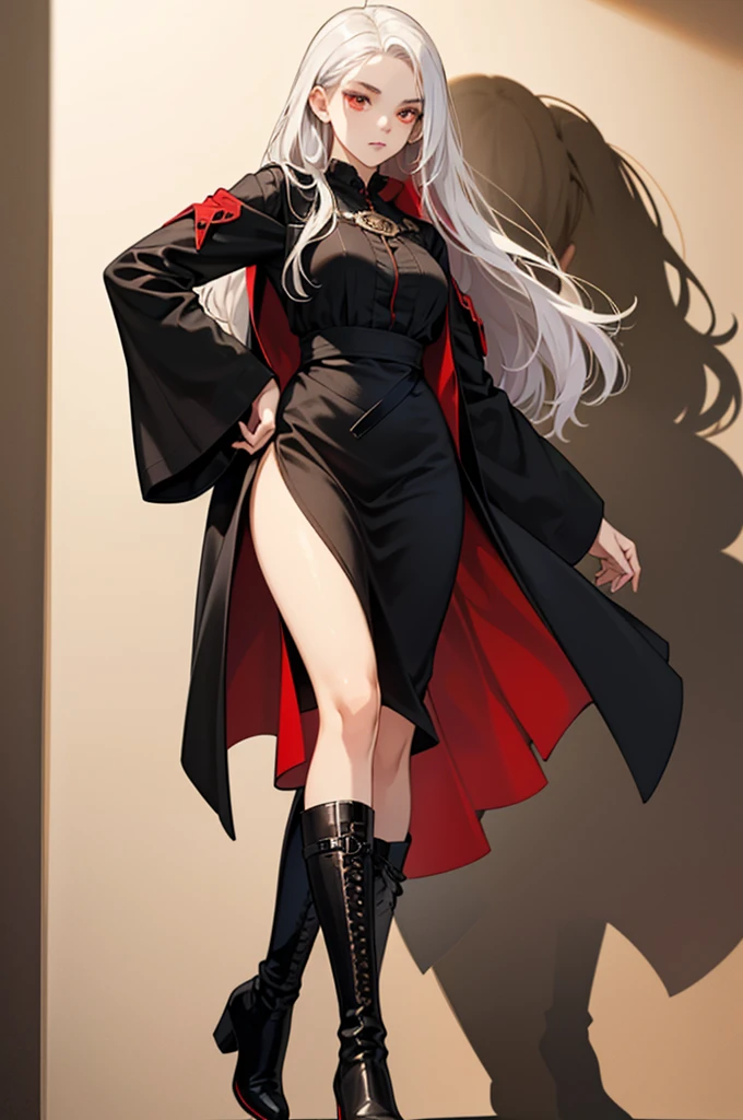Girl, 20 years old, with long white hair down to below her waist, a serious yet tender expression, and red eyes. Her hair features black streaks. She wears antique-style clothing, a long black dress with a slit on the legs, and high black boots that almost reach her knees. Her power and background are related to shadows and darkness. 