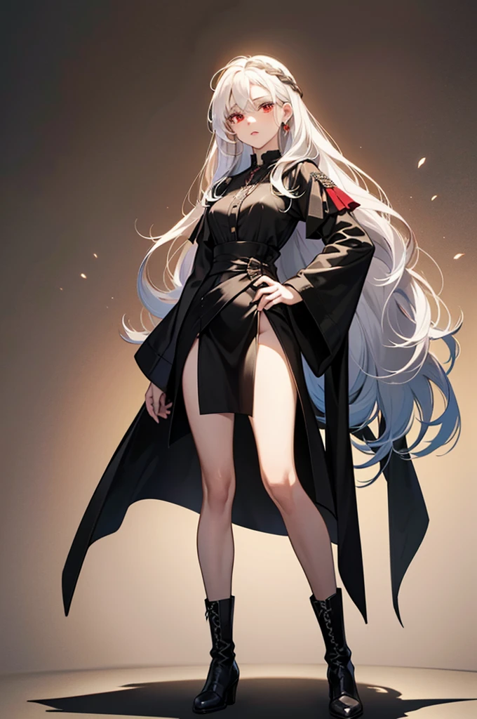 Girl, 20 years old, with long white hair down to below her waist, a serious yet tender expression, and red eyes. Her hair features black streaks. She wears antique-style clothing, a long black dress with a slit on the legs, and high black boots that almost reach her knees. Her power and background are related to shadows and darkness.