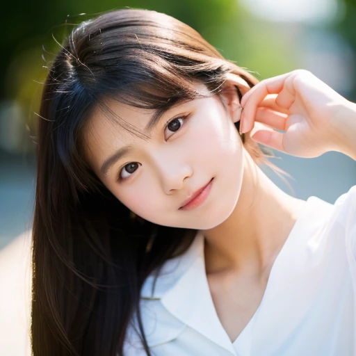lens: 135mm f1.8,(Highest quality),(Tabletop:1.1), (Beautiful 14 year old Japanese girl),  (Moist lips), Narrow eyes, double eyelid,Delicate clavicle,Flat Chest,Shortcuts,  shame, A faint smile,
(Bright lighting without shadows:1.2), Dramatic lighting, 
(School Uniform), (Sunburned skin:0.2),Full body photo、Full Body Focus、Raise your hands、White shirt