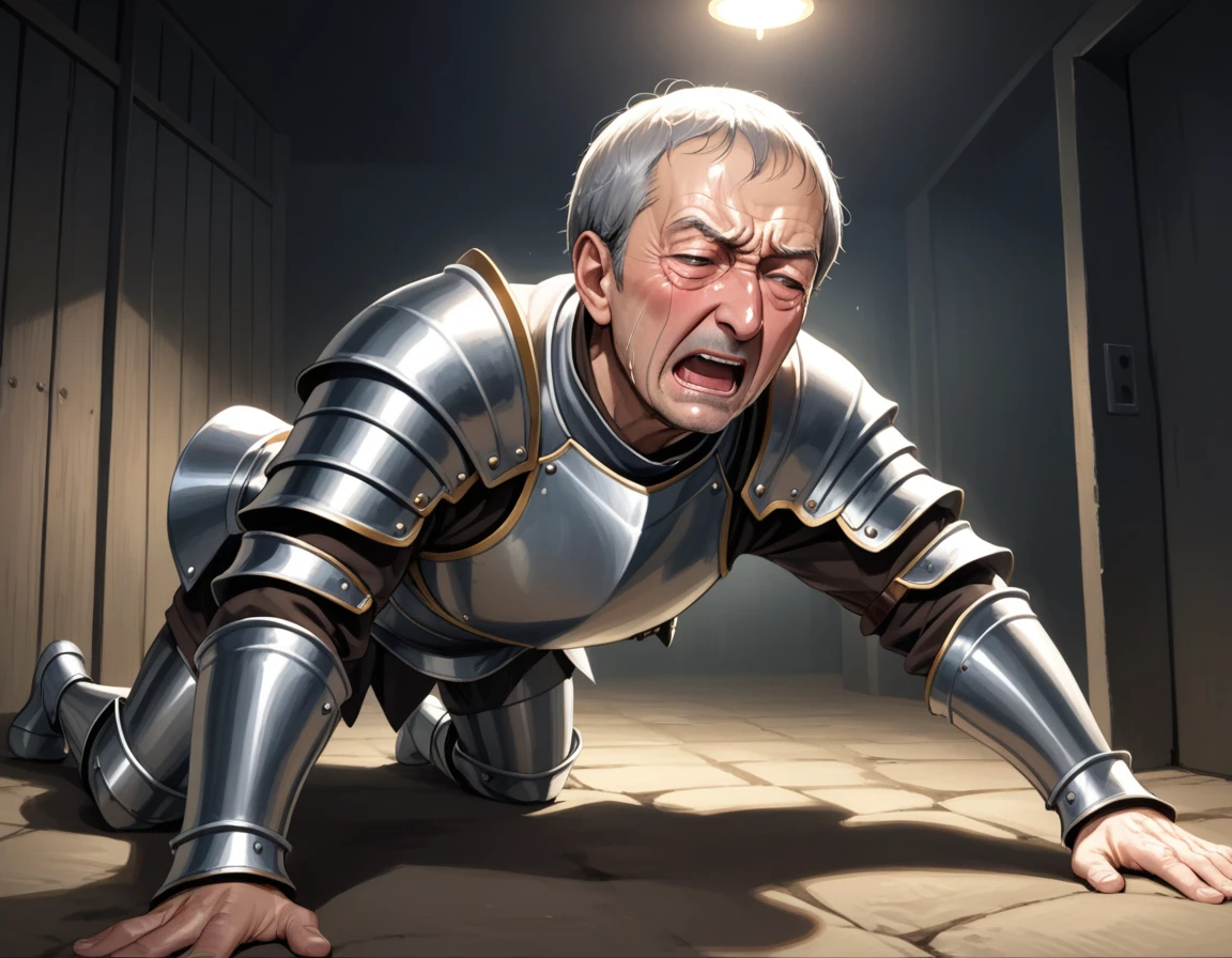 1man, veteran Knight, solo focus, 60yo, very short hair, plate armor, mature, stubble, ugly, facial wrinkles, bottomless, crying, orgasm, tear, blush, heavy breathing, sweat, sweating, penis, BREAK penis, male domination, man on top, on all fours, head down, view from front, dutch angle, underground, jail, in dark room, 1970s, in eroge style, extreme all detailed, masterpiece, best quality