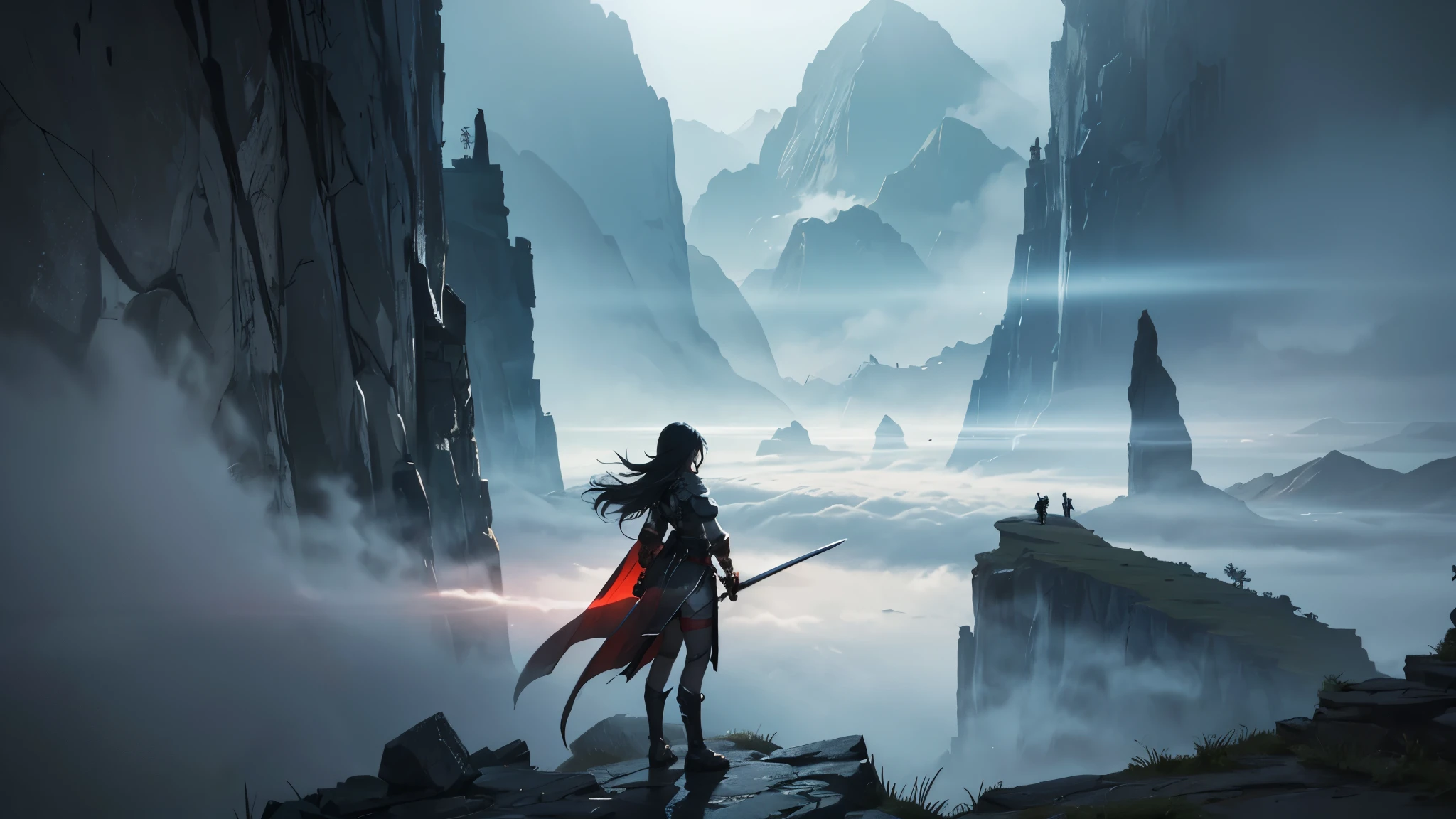 An anime warrior standing at the edge of a cliff, staring into a vast abyss. The scene is set at dawn, with the first light of morning breaking through the mist. The warrior, a determined anime girl, has a fierce expression, her battle-worn armor and the scars on her body symbolizing her struggles and battles fought. Behind her, echoes of past battles are faintly visible as ghostly silhouettes. She holds a sword firmly, symbolizing her resolve to fight on. The background features a rugged, rocky landscape with hints of a dark, stormy past giving way to a brighter horizon. The atmosphere is filled with a sense of defiance, strength, and hope, capturing her readiness to rise above her struggles and fight for a higher purpose. The lighting emphasizes her as the focal point, with a dramatic contrast between the darkness of the abyss and the emerging light of dawn, symbolizing hope and redemption.
