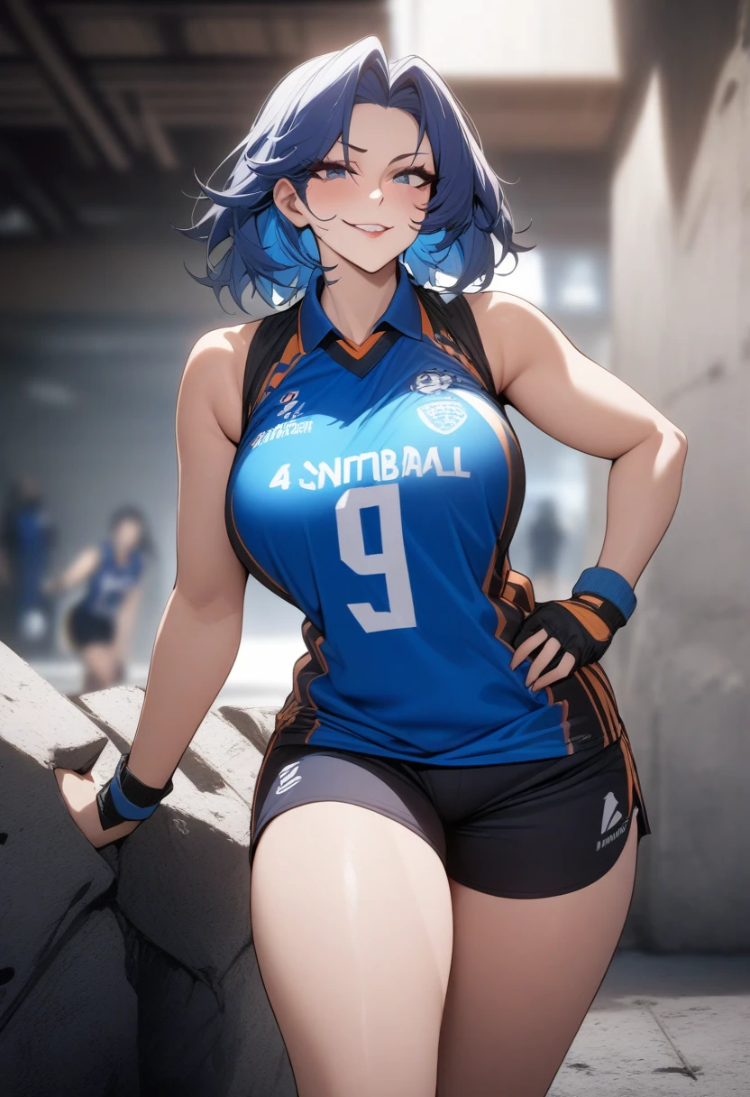 masterpiece, best quality, very aesthetic, absurdres, 1girl, mature_lady,,smirk,Electric blue hairhair intakes,Handball Uniform: Includes a jersey and shorts, often featuring lightweight and breathable materials.,Brutalist - Known for its raw and rugged appearance with exposed concrete surfaces.,blur background,background defocus