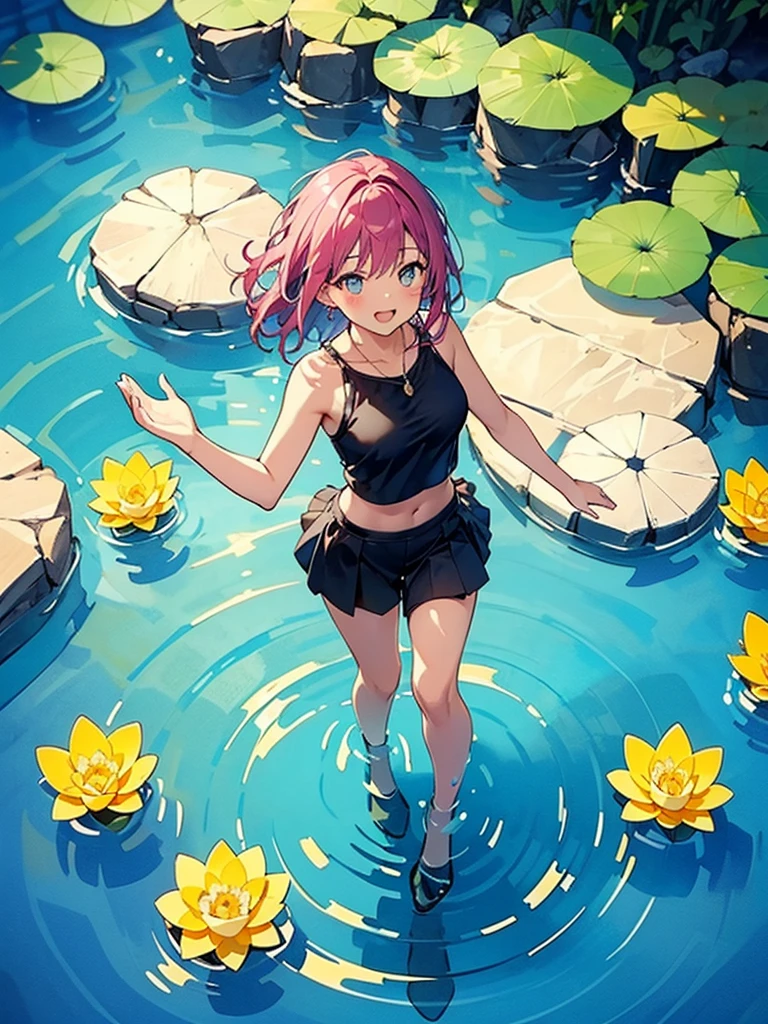 Woman walking on calm water, ((from above:1.5)), From above, Overlooking、Dancing Woman、Bottom Fish, lotus, Pool, Poolをを泳ぐ魚の影