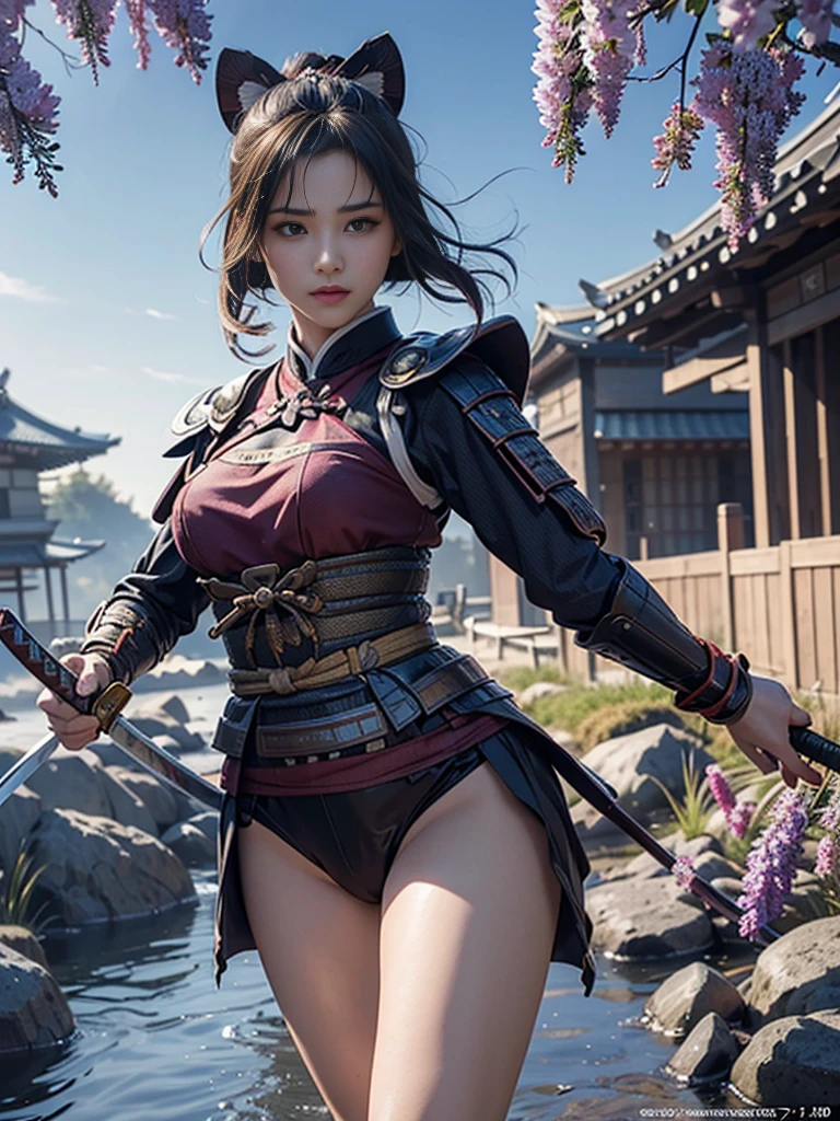 Realistic, Super detailed, High resolution, highest quality, Super detailedな,1 Female , Official Art, unity 8k wallpaper, Super detailed, beautiful and aesthetic, beautiful, masterpiece,( Super busty breasts:1.8,Small waist)、Glowing Skin,masterpiece, wonderful, (CG illustration),Asian,  Ultra-realistic textured face and skin、Accurate anatomy、samurai、Colorful armor、Radiation Hair,  bangs,Short Bob、((samurai))、sword,Facial details、Dynamic Pose、Dynamic Action、Dynamic Angle、Detailed Background、Wisteria flower、In combat、duel、Degrees of Freedom:1.3
