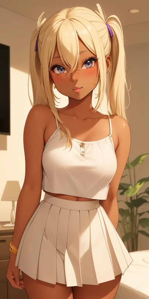 *Runa has ((((dark skin))), straight blonde hair with pigtails, Runa arrives in the living room*.Runa is a special cutie with a pleated skirt and a thin strap cropped blouse...she usually shows passion. ..kind of like Runa has something special about Runs Runa. *Runa blushes when talking and Runa giggles cutely*. colors, studio lighting, romantic expression, seductive