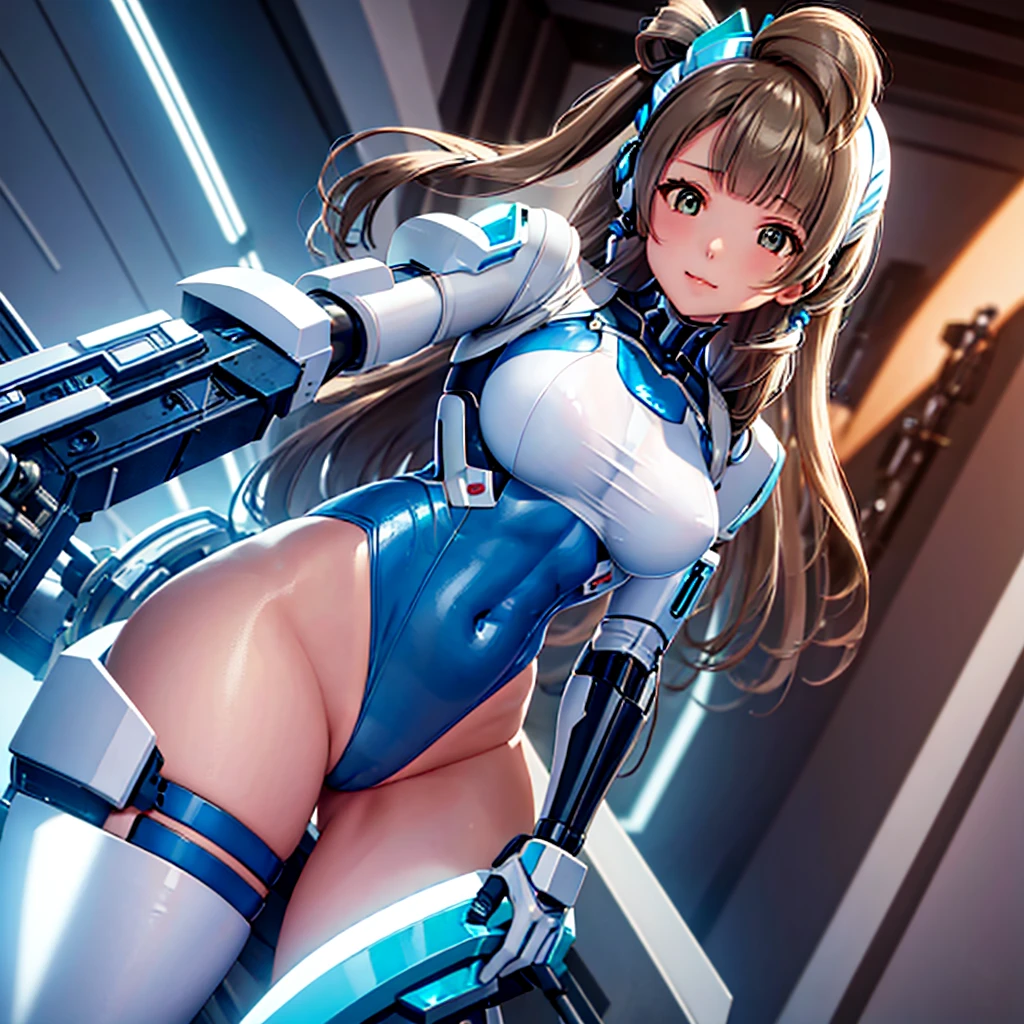 masterpiece, high quality, Inside the Institute of Mechanization、On the operating table during remodeling surgery、Minami Kotori, who has been turned into a mechanical body cyborg、Gynoid cyborg body modification surgery、Blue and white leotard armor、A precisely mechanized body、Single image、from the front,Put the whole body