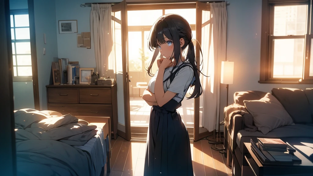 An anime girl standing alone in a dimly lit room, with a melancholic expression on her face. She is holding a photograph of someone she once admired, symbolizing her lost dreams and broken expectations. The background features a large window with city lights glowing faintly outside, casting a soft, somber glow into the room. Around her, there are scattered memories: old letters, a guitar, and a few personal items that hint at her past hopes and dreams. The atmosphere is filled with a sense of nostalgia and introspection, capturing the struggle of moving on from someone who failed to be the hero she envisioned. The lighting highlights her reflective mood, with shadows accentuating the depth of her emotions. The overall scene conveys a poignant mix of regret, realization, and the quiet strength needed to let go and move forward.