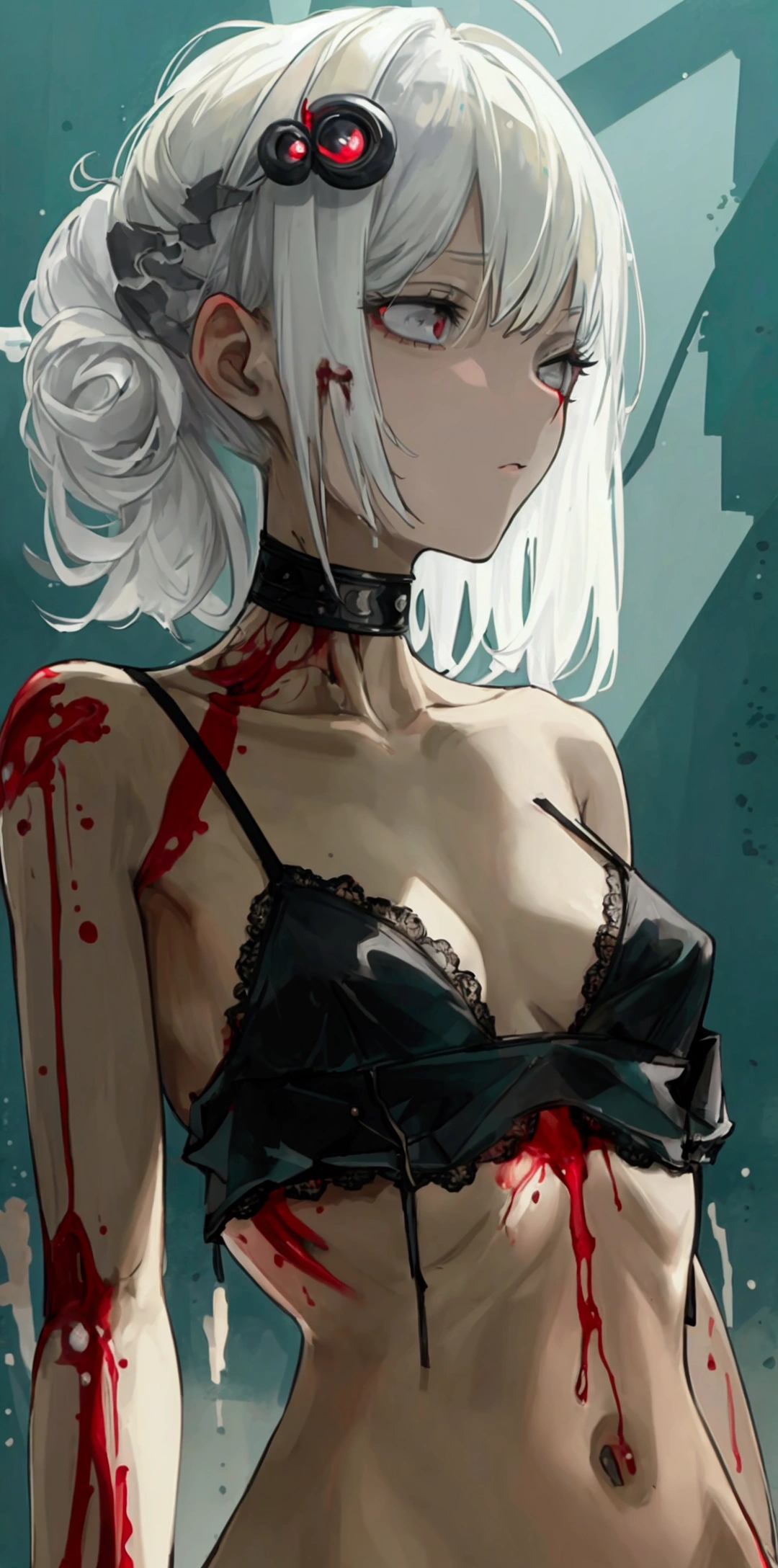((Best masterpiece, Perfect quality, Ultra detailed)), A skinny girl, With small bust, With white hair, Is parasitic, Wearing black bra, Wearing black panty, Naked limbs, Injured body, Bloody wounds, Mutated limbs, Parasites, Grotesque, Full body