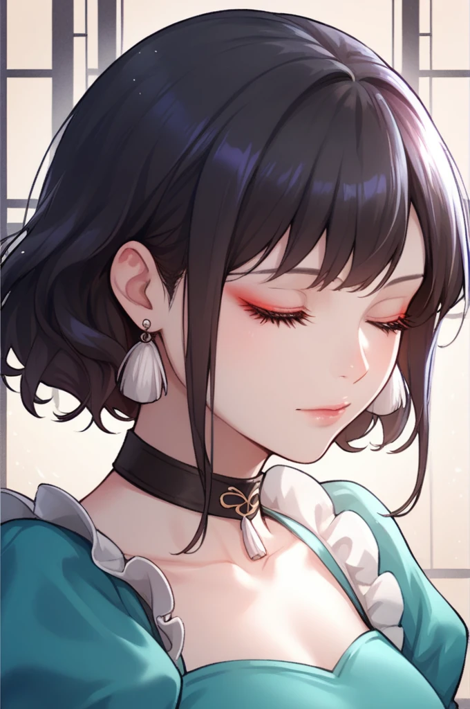 Shoujo style, Aesthetic background, Romance Manhwa, 1girl, Dark hair, solo, Bob hairstyle, villain, Aqua dress, gloves, long sleeves, Choker, Black Eyes, mascara, makeup, artful, looking a viewer, whitebackground, clavicle, puffy sleeves, Silver Accessories, upper-body, frills, bangs, closed mouth, Detailed eyes, (close up), (((Image Macro Details))), pale skin, tassel earrings