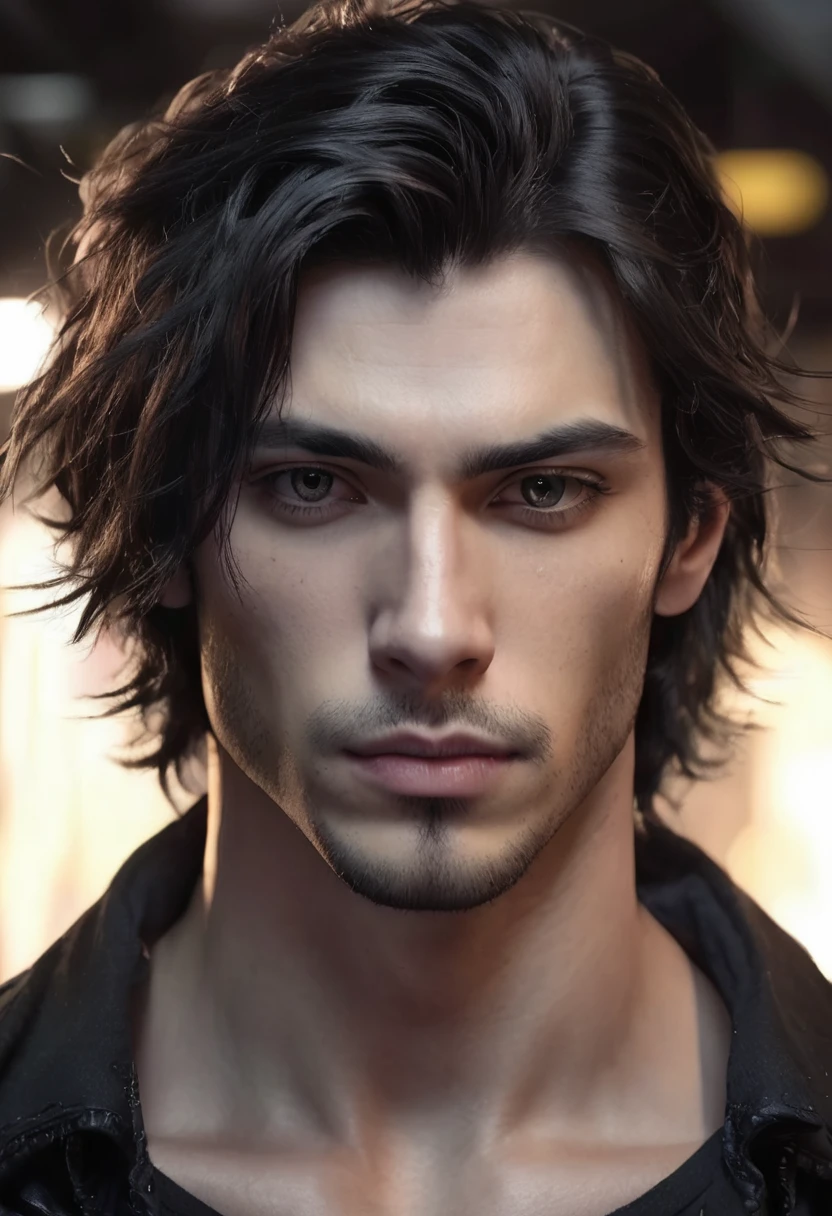 1 man, inside a dark tattoo studio, wearing dark clothes, detailed facial features, masculine eyes, detailed light skin, dark medium length hair, strong and serious expression, dramatic lighting, cinematic composition, cold and dark, no beard, androgine prince, atmospheric fog, handsome face, thin chin, handsome man, masculine and handsome, 25 years old (best quality, 4K, 8K, high resolution, art: 1.2), ultra-detailed, (realistic, photorealistic, photorealistic: 1.37)