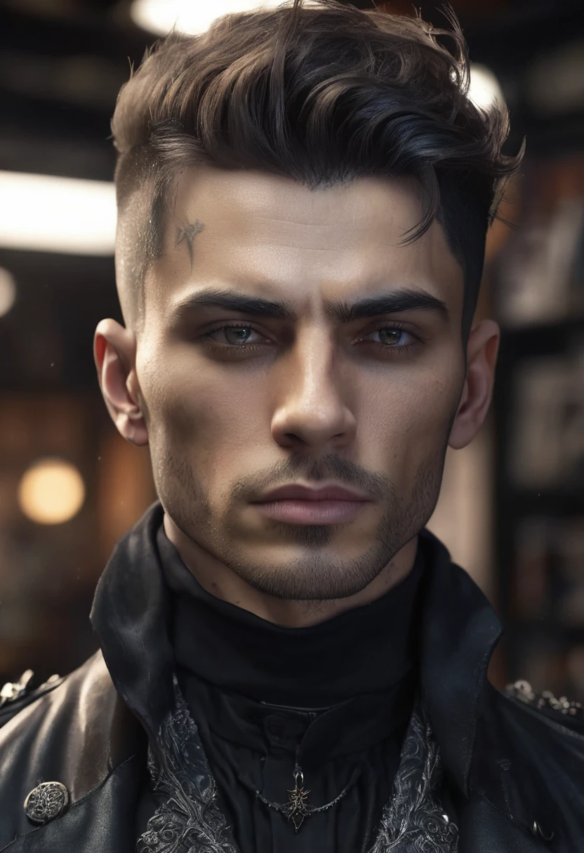 1 man, inside a dark tattoo studio, wearing dark clothes, detailed facial features, masculine eyes, detailed light skin, dark medium length hair, strong and serious expression, dramatic lighting, cinematic composition, cold and dark, no beard, androgine prince, atmospheric fog, handsome face, thin chin, handsome man, masculine and handsome, 25 years old (best quality, 4K, 8K, high resolution, art: 1.2), ultra-detailed, (realistic, photorealistic, photorealistic: 1.37)
