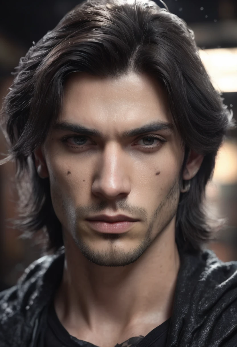 1 man, inside a dark tattoo studio, wearing dark clothes, detailed facial features, masculine eyes, detailed light skin, dark medium length hair, strong and serious expression, dramatic lighting, cinematic composition, cold and dark, no beard, androgine prince, atmospheric fog, handsome face, thin chin, handsome man, masculine and handsome, 25 years old (best quality, 4K, 8K, high resolution, art: 1.2), ultra-detailed, (realistic, photorealistic, photorealistic: 1.37)