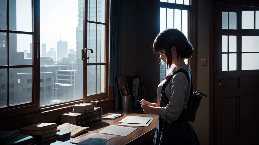 An anime girl standing alone in a dimly lit room, with a melancholic expression on her face. She is holding a photograph of someone she once admired, symbolizing her lost dreams and broken expectations. The background features a large window with city lights glowing faintly outside, casting a soft, somber glow into the room. Around her, there are scattered memories: old letters, a guitar, and a few personal items that hint at her past hopes and dreams. The atmosphere is filled with a sense of nostalgia and introspection, capturing the struggle of moving on from someone who failed to be the hero she envisioned. The lighting highlights her reflective mood, with shadows accentuating the depth of her emotions. The overall scene conveys a poignant mix of regret, realization, and the quiet strength needed to let go and move forward.