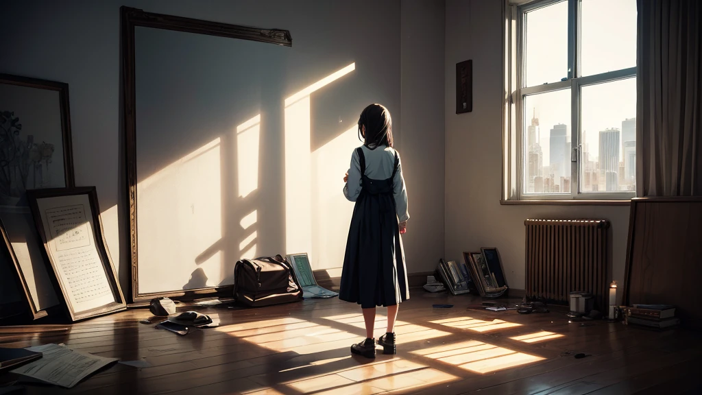 An anime girl standing alone in a dimly lit room, with a melancholic expression on her face. She is holding a photograph of someone she once admired, symbolizing her lost dreams and broken expectations. The background features a large window with city lights glowing faintly outside, casting a soft, somber glow into the room. Around her, there are scattered memories: old letters, a guitar, and a few personal items that hint at her past hopes and dreams. The atmosphere is filled with a sense of nostalgia and introspection, capturing the struggle of moving on from someone who failed to be the hero she envisioned. The lighting highlights her reflective mood, with shadows accentuating the depth of her emotions. The overall scene conveys a poignant mix of regret, realization, and the quiet strength needed to let go and move forward.