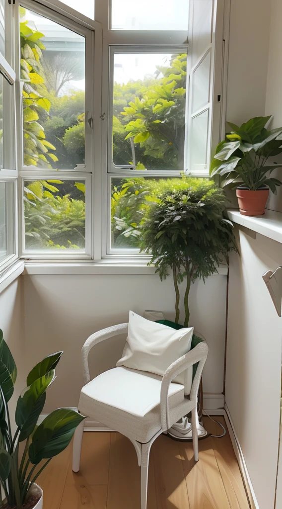 “Clean white meeting space with lush greenery. Central minimalist white meeting table (300x120 cm) with small potted plants (20x20 cm) in the middle or on the sides. White walls adorned with plant pictures or small plant shelves. Corners of the meeting room feature large potted plants (80x80 cm). Natural light from windows, with additional plants (60x60 cm) placed by the window.”