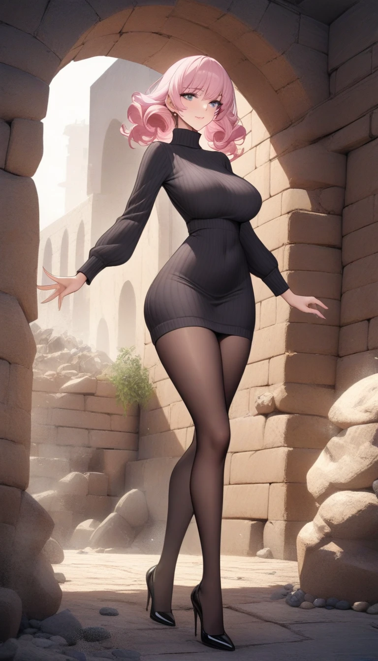 masterpiece, best quality, very aesthetic, absurdres, 1girl, mature_lady, full body, ,tsurime,Pastel pink hairdrill hair,Mock Neck Sweater: Sweater with a shorter, standing collar that resembles a turtleneck.,Tapial (Spain, North Africa) - A construction technique using compacted earth and stones as walls.,floating_clothes