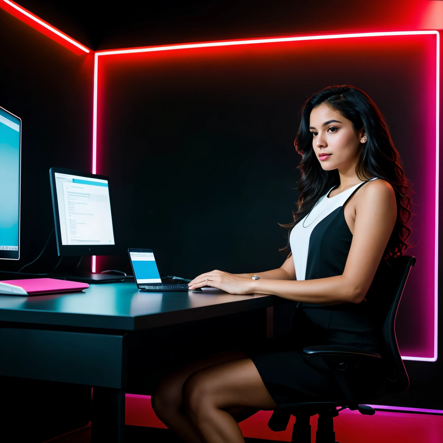 ((best quality)), ((masterpiece)), (detailed), A sleek, minimalist desk setup featuring a high-tech computer, smart devices, and neon LED lights creating a futuristic ambiance. A young a young latin woman with wavy dark hair, flawed skin and a slender body type is sitting at the desk, engaged in coding or interacting with AI, neon and dark color theme, perfect face, perfect hands, five fingers,