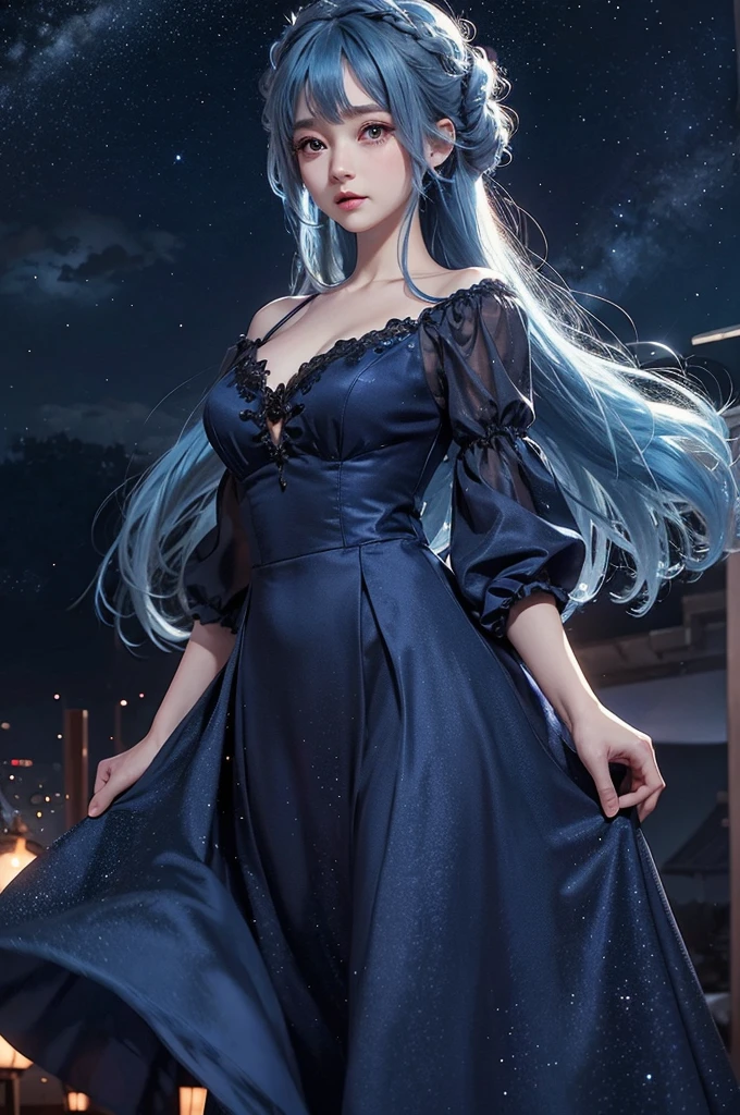 Ultra HD、A beautiful blue-haired character、Cute big eyes、Red burning cheeks、Night scene with starry sky background、Wearing a gorgeous dress、Subtle details、A fantastic atmosphere、Anime style
