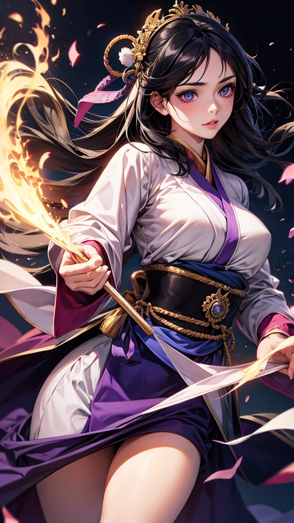 Highest quality, Ultra-high resolution, (Realistic: 1.4), beautiful Eyes, Super beautiful女性,30 years old、Full Body Shot、 beautiful, magician, Japanese clothing、((Black Hair、Updo Hair)),purple and pink tones、Blue Flame、beautiful Soldier, Eyes that beckon, Mistress's point of view, Droopy eyes、Attractive look, Sexy smile, Perfect Style, Perfect balance、Large Breasts、 Detailed skin, Mischievous Gaze,beautiful背景