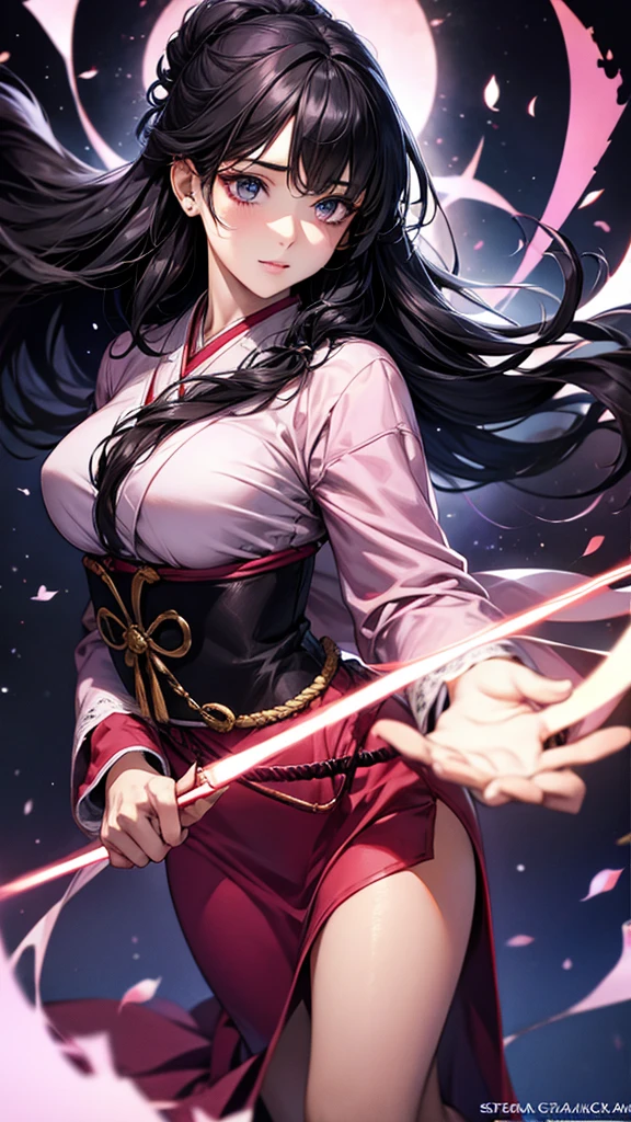 Highest quality, Ultra-high resolution, (Realistic: 1.4), beautiful Eyes, Super beautiful女性,30 years old、Full Body Shot、 beautiful, magician, Japanese clothing、((Black Hair、Updo Hair)),purple and pink tones、Blue Flame、beautiful Soldier, Eyes that beckon, Mistress&#39;s point of view, Droopy eyes、Attractive look, Sexy smile, Perfect Style, Perfect balance、Large Breasts、 Detailed skin, Mischievous Gaze,beautiful背景