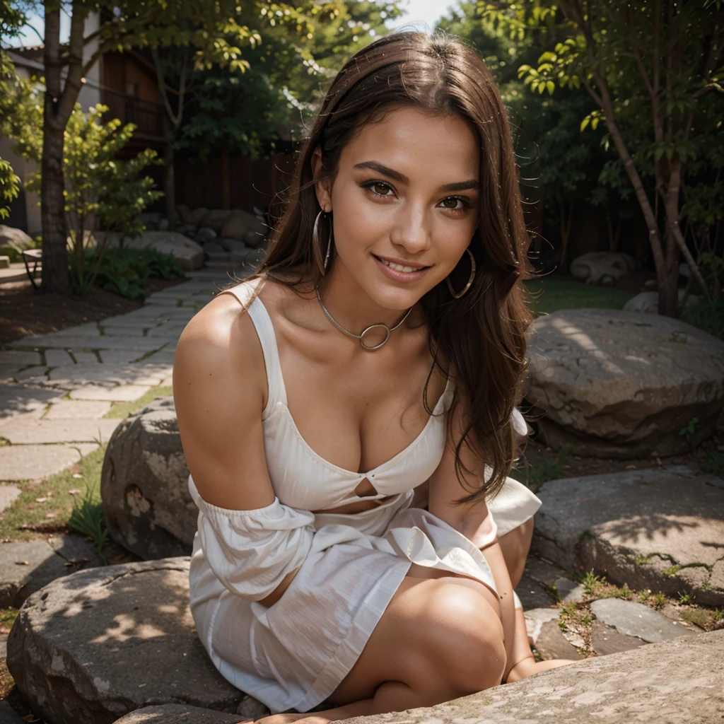 1 Woman 25 years old, looking at the horizon, side view, baked to back, smiling, perfect teeth, Sculptural body, red symmetrical small lips, big green symmetrical eyes, defined cheekbones, angled face, split chin, small nose, tiara, silver hair, earrings, Collar Cruz, sitting on a giant stone, long dress, park, 4k, ultrarealistic, realistic shadows, Very detailed,